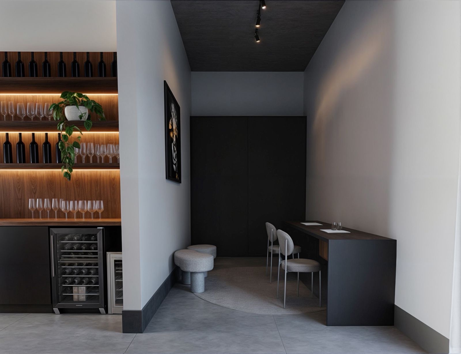 Espaço gourmet com adega e bar de vinhos iluminado