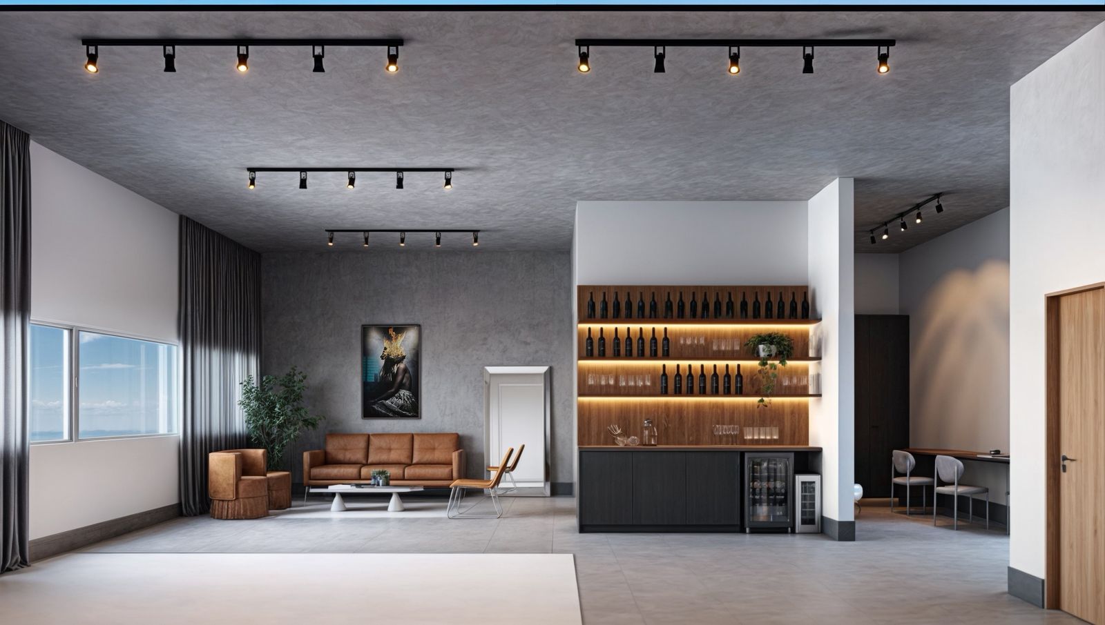 Vista geral do estúdio — espaço amplo moderno com ciclorama, iluminação profissional e lounge