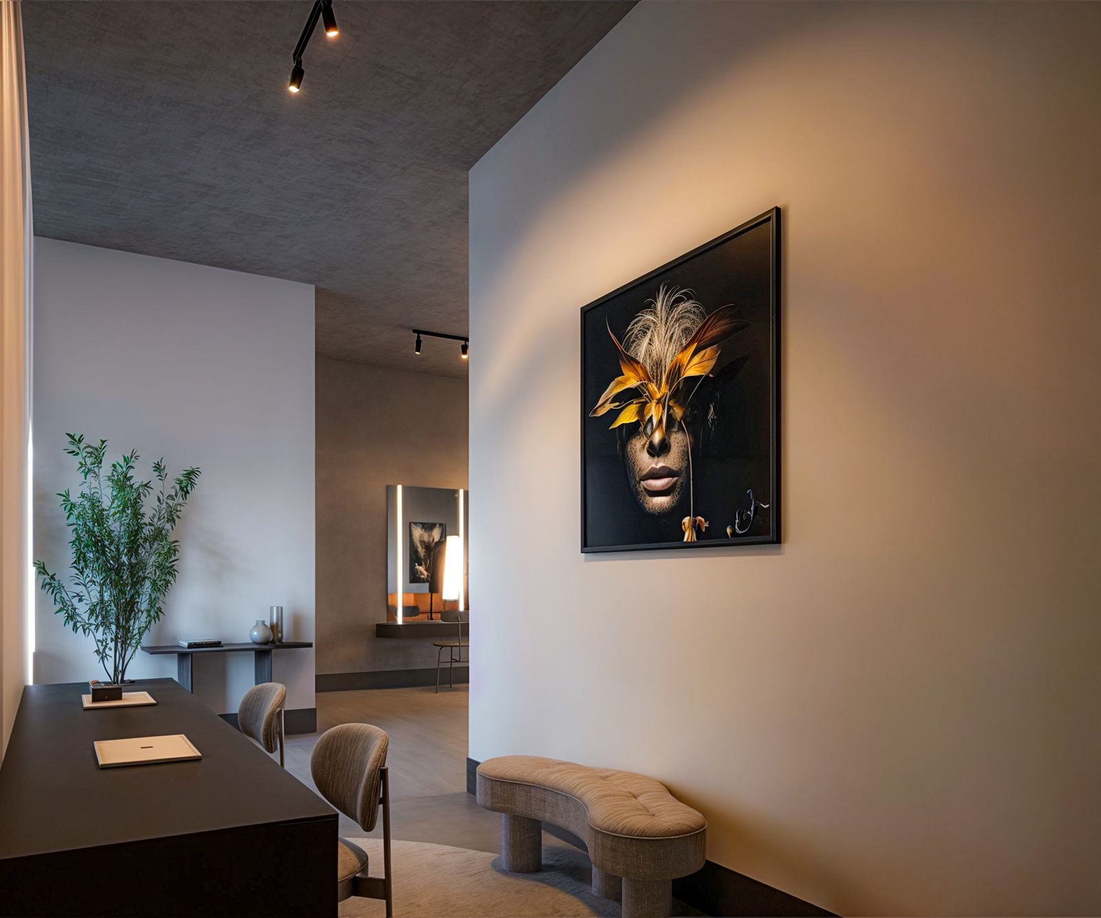 Sala de atendimento com mesa escura, arte na parede e banco estofado